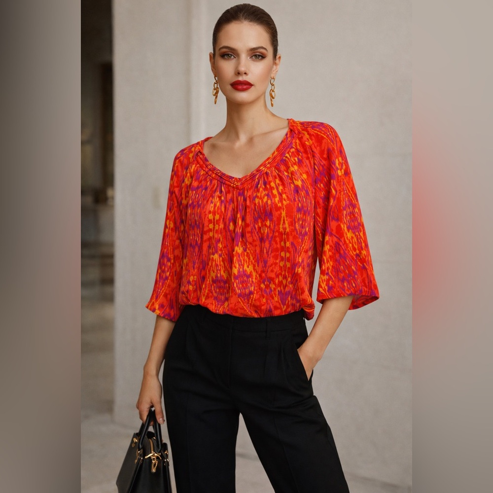 Jones New York Red Orange Patterned V-Neck Blouse